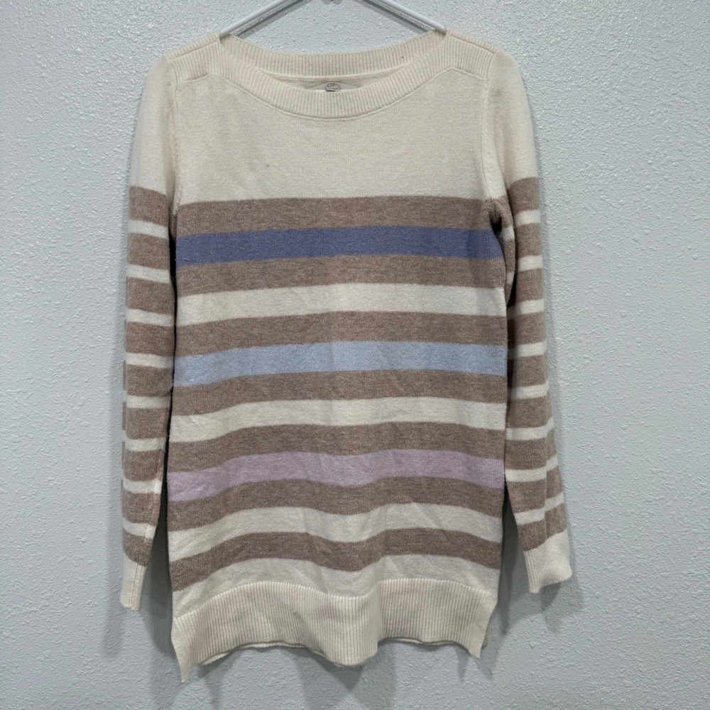 LOFT Womens Small Striped Crewneck Sweater Long Sleeve Pastel Cream Tan Blue S